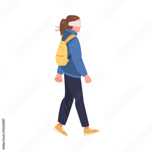 Woman Character with Backpack Wearing Blindfold Following Someone Trusting and Having Faith in Something Vector Illustration
