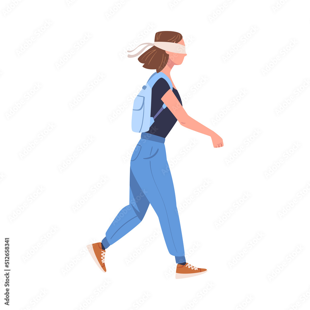 Woman Character with Backpack Wearing Blindfold Following Someone Trusting and Having Faith in Something Vector Illustration
