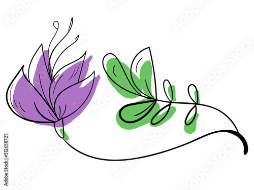 Doodle flower icon. Botanic black line art with color on white background.