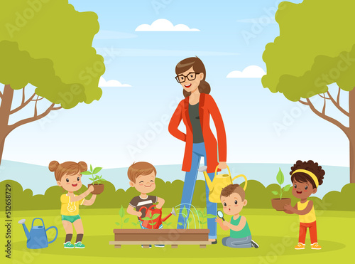 Little Children with Female Teacher Having Botany Lesson Watering Plant Vector Illustration