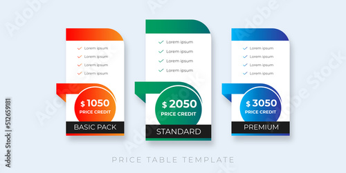 price table modern design price list subscription plans of Ui web element design. Price chat product plan or  infographic design template  Comparison plan chart colorful design presentation