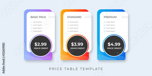 price table modern design price list subscription plans of Ui web element design. Price chat product plan or infographic design template Comparison plan chart colorful design presentation