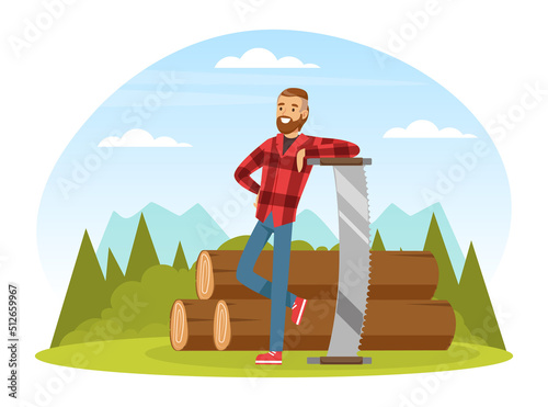 Bearded Man Lumberjack or Woodman in Red Checkered Shirt with Saw Standing Near Piled Logs Vector Illustration