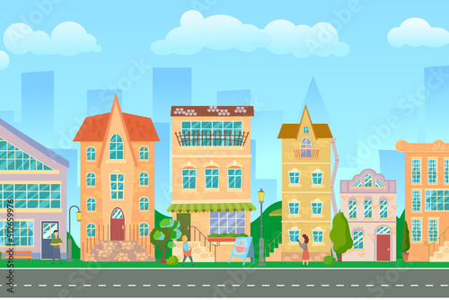 City street. Panoramic cityscape with bright houses, walking pedestrians. Shop and stores. Summer city. Vector illustration in cartoon style.