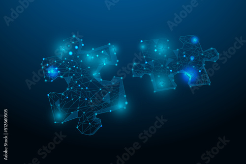 connecting a jigsaw puzzle with glowing blue. Low polygon structure, Business solutions, success, and strategy concept