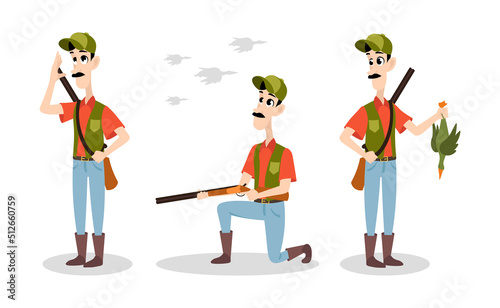 Vector illustration of cute and beautiful hunters on white background. Charming characters in different poses crouched and preparing to shoot ducks with a gun, standing with prey in cartoon style.