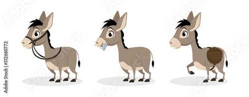 Vector illustration of cute and beautiful donkeys on white background. Charming characters in different poses stand in a harness, eat, on the back of a bag in cartoon style.
