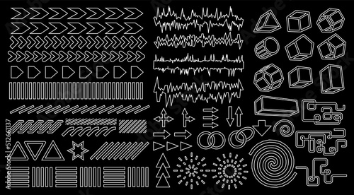 Collection of brutalism simple geometric form elements. A set of different acid base shapes and textures for templates. Modern memphis style. Digital retro rave background. Vector editable stroke