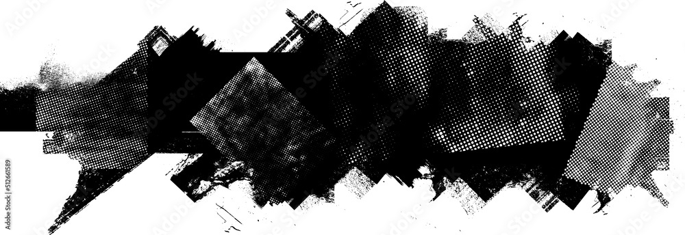 Glitch distorted geometric shape . Noise destroyed logo . Trendy defect error shapes . Glitched frame .Grunge textured . Distressed effect .Vector shapes with a halftone dots screen print texture.