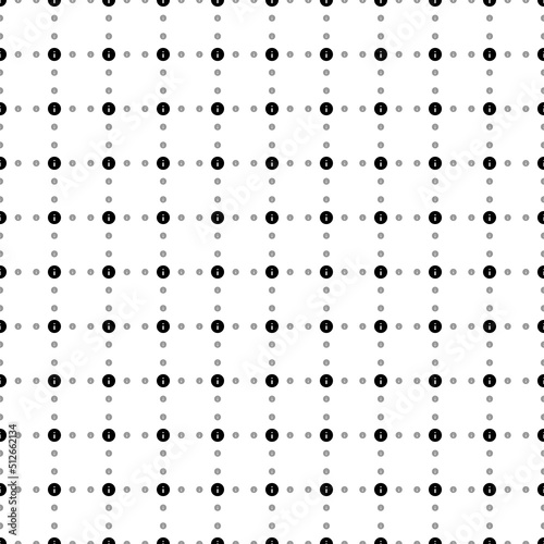 Square seamless background pattern from geometric shapes are different sizes and opacity. The pattern is evenly filled with small black info symbols. Vector illustration on white background