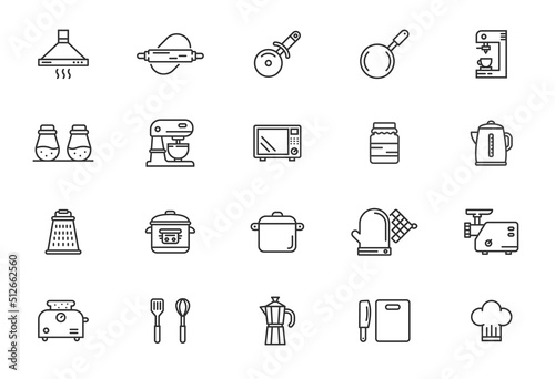 Kitchen vector food line icon set. Cook kitchen utensil prepare food symbol fork knife plate sign.
