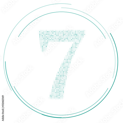 The number seven symbol filled with teal dots. Pointillism style. Vector illustration on white background