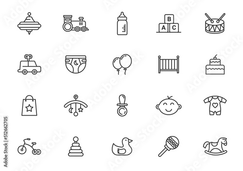Baby toys kids line icon. Child vector toy outline teddy bear kid toys line icon set.