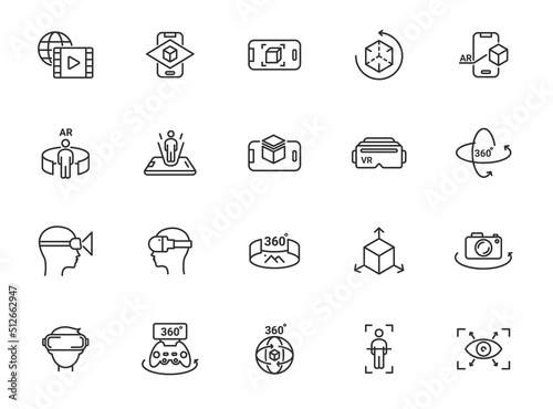 VR augmented reality line icon. Virtual reality glasses video headset view camera vector technology line icon.