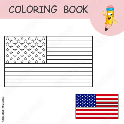 Coloring book with cartoon American flag. Color the Flag USA use to sample. National symbol for Independence, Memorial, President's day. Template of practice worksheet with Flag of the United States.