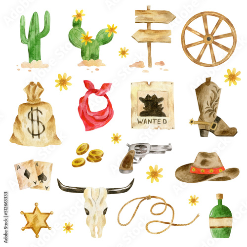Set of Wild West elements - cow skull, coins, guns, wooden wheels, money bag, cowboy hat, cowboy boots, cactus, gun, bottle. Wild West watercolor illustration. © Natasha