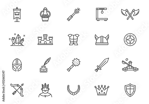 Medieval vector line icon set. Knight castle king battle throne icons, medieval crown sword symbol.