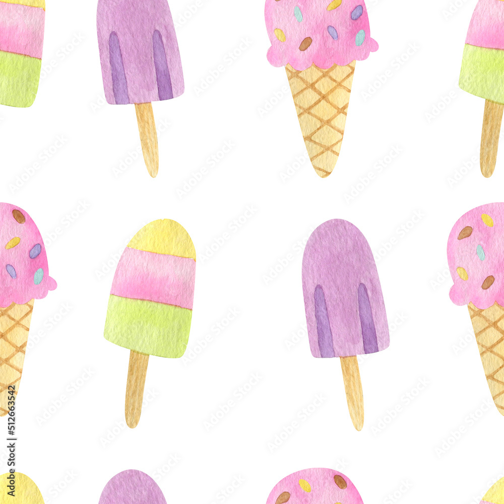 Watercolor seamless patter on a white background - ice-cream on a stick, ice-cream in a waffle cone with colored icing. Summer dessert background for textiles, wrapping paper,scrapbooking. Watercolor seamless patter on a white background - ice-cream on a stick, ice-cream in a waffle cone with colored icing. Summer dessert background for textiles, wrapping paper,scrapbooking.