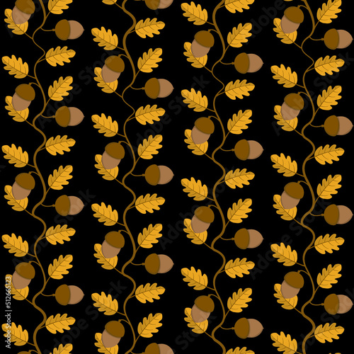 Autumn pattern of acorns on a black background in a flat style. Vector image.