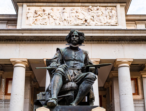 Stunning statue of the painter Diego Velazquez at the main gate of Prado museum, Madrid Spain 