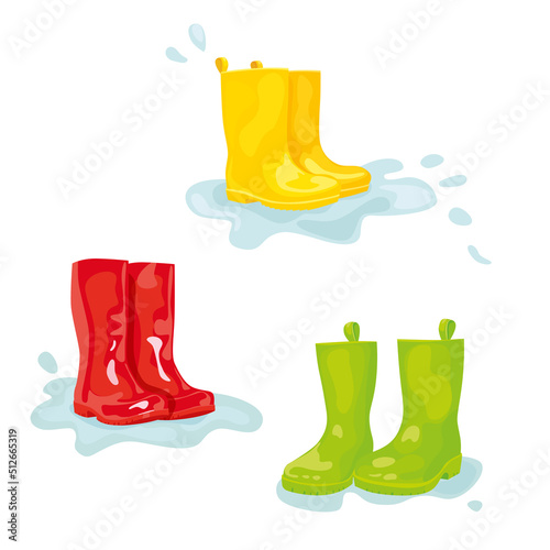 Set of colorful rubber boots in puddle of water. Vector illustration