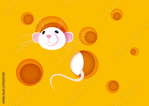 white mouse peeking out of a hole in the cheese. Vector illustration