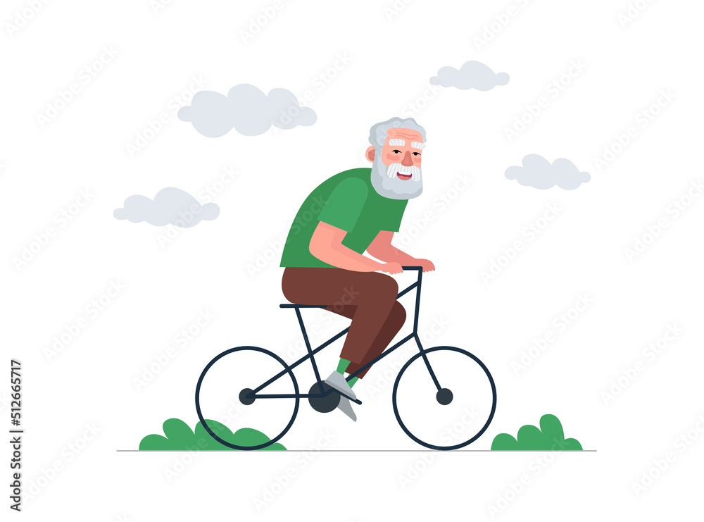 Older man fun and riding bicycle. Elderly male ride on bike. Old bearded person healthy activity lifestyle. Retired grandpa cycling. Cheerful senior pensioner leisure. Active grandfather vector eps Older man fun and riding bicycle. Elderly male ride on bike. Old bearded person healthy activity lifestyle. Retired grandpa cycling. Cheerful senior pensioner leisure. Active grandfather vector eps