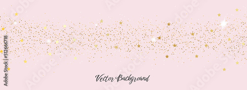 Sparkling falling gold dust with gold star on pink background. Vector horizontal background with glitter and space for text	