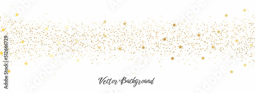 Sparkling falling gold dust with gold stars on white background. Vector horizontal background with glitter and space for text	