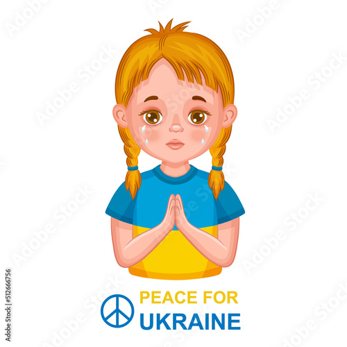 Ukrainian child pray for peace, stop war in Ukraine. Help save Europe country. Girl patriot cry in national flag color clothes. Protecting from Russia military  terror aggression. Peaceful sign vector