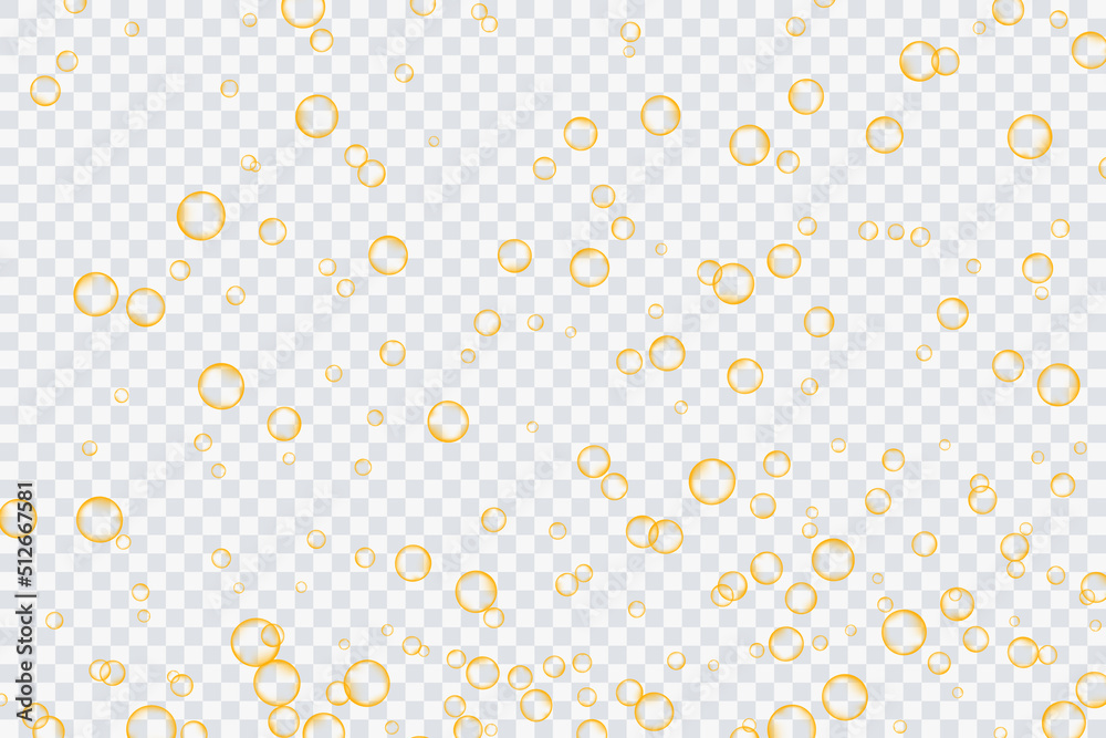 Golden air bubbles, oxygen, champagne crystal clear, isolated on a transparent background of modern design. Vector illustration of eps 10.