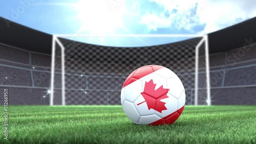 Canada soccer ball, rolling into stadium with camera flashes. 3D animation