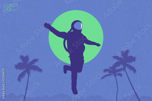 Astronaut flying in sky. Cosmonaut silhouette. Man on desert planet