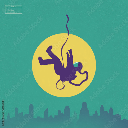 Falling astronaut. Flying cosmonaut in sky. Lonely man and evening sun