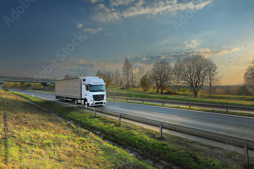 Landscape with a moving truck on the highway. 