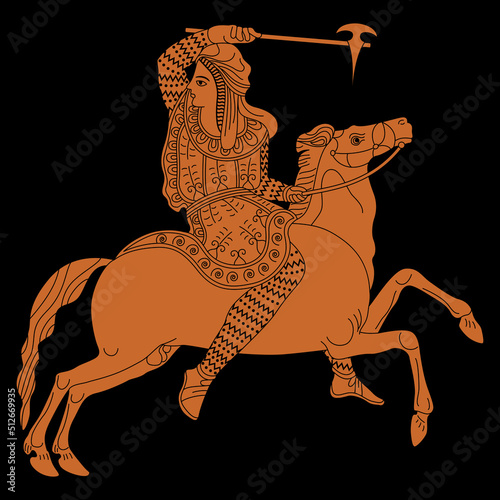 Scythian amazon woman riding a horse and holding a battle ax. Ancient Greek vase painting style. Black and orange silhouette. photo