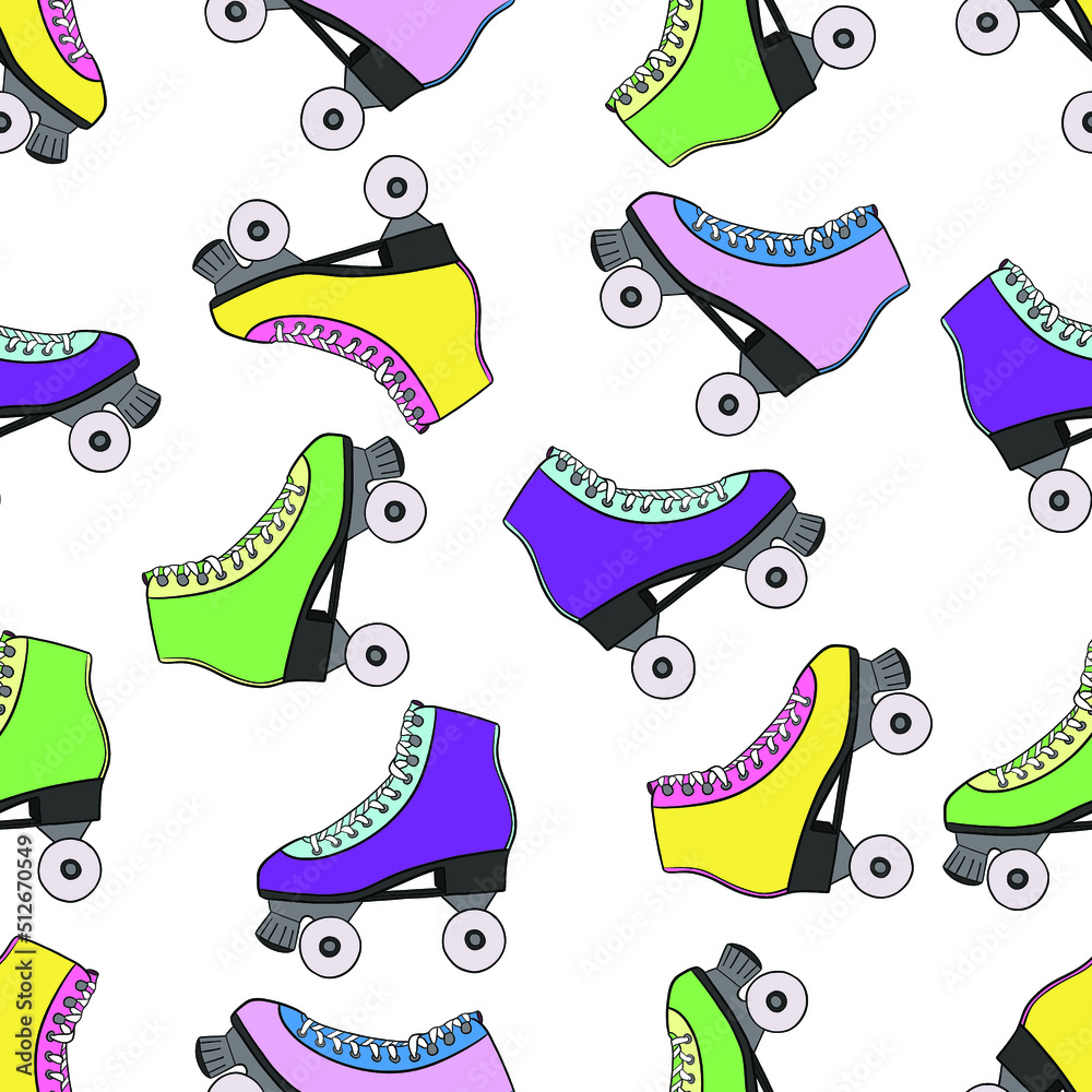 Retro rollerskates seamless pattern. Hand drawn roller skates sketch