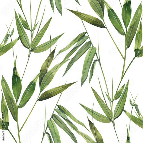 Fototapeta Naklejka Na Ścianę i Meble -  Bamboo leaves and twigs on a white background. Watercolor illustration. Seamless pattern. For fabric, textiles, wallpaper, covers, prints, packaging, paper, scrapbooking, clothing, bed linen.
