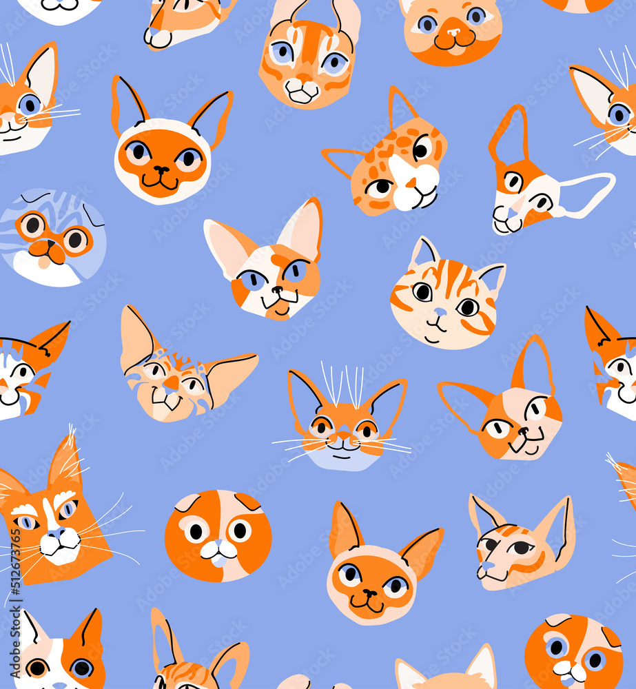 Cat head seamless vector pattern. Cute cartoon pet character. Wrapping paper, textile template. Blue background. Flat design