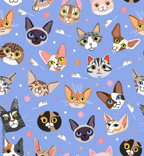Cats heads seamless patterns on blue background. Use for print, card, fashion wear