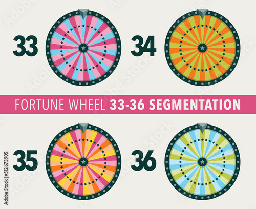 Collection of fortune wheel flat illustrations. 33, 34, 35 and 36 segmentation fortune wheel objects.