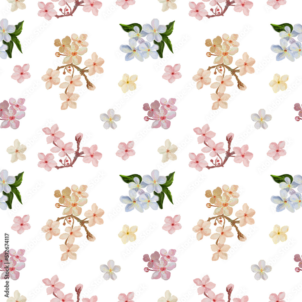 Digital pattern with traditional spring flowers  for Nowruz holiday. White background.