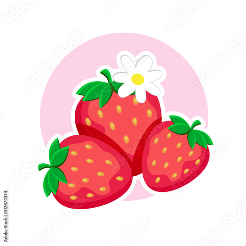 Collage of cute cartoon fresh strawberry with flowers. Cute logo design of strawberry and flowers for paper, cover, fabric, interior decor and other users. Decoration for menu, daily planner