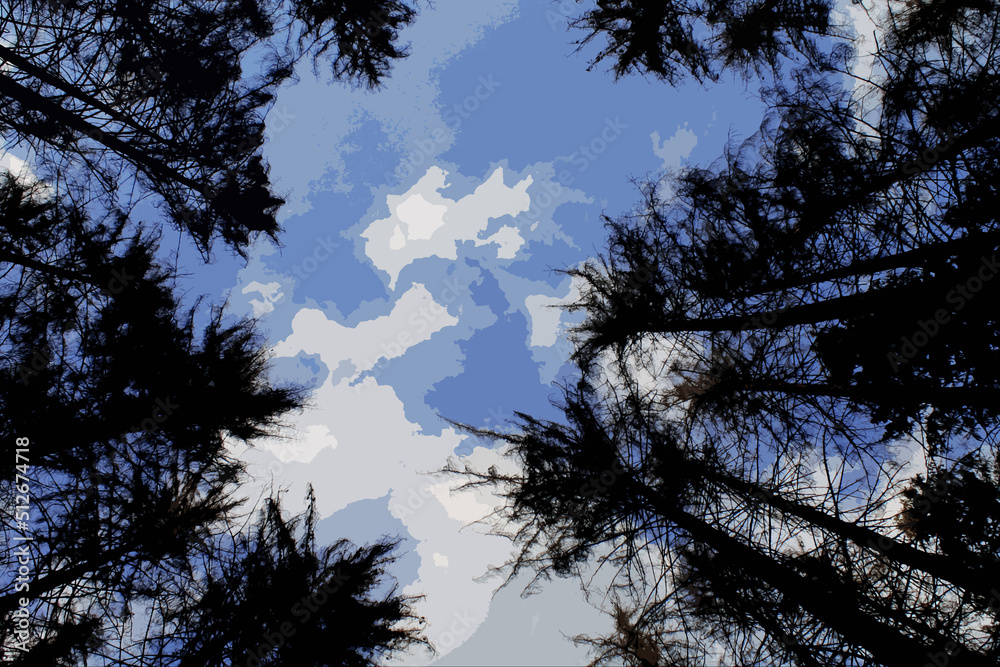 illustration of treetops on a blue sky background