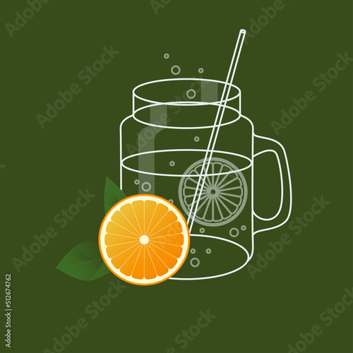 vector outline illustration of mason jar with lemonade and fresh orange
