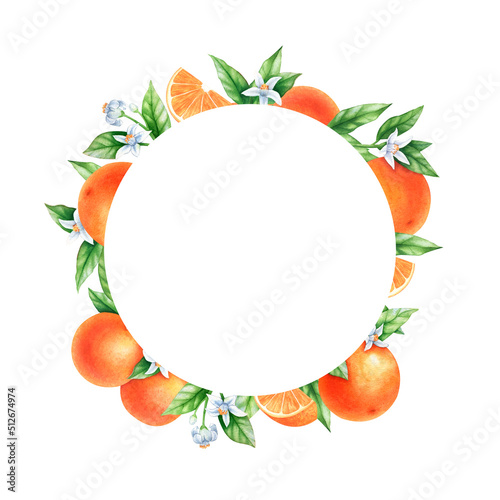 Graphic round frame  oranges  flowers and leaves. Hand drawn watercolor illustration  floral ornament. Image for inscriptions  advertisements  labels.