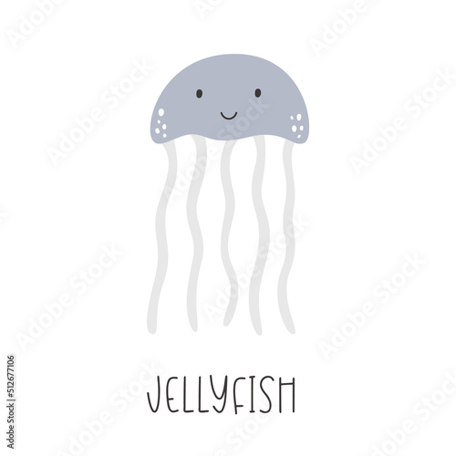 Cute blue jellyfish by hand drawn. Sea animal vector illustration of underwater life