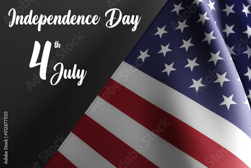 Independence Day in the USA. July 4 and National Day for the United States of America. USA flag on a dark background with the inscription. 3d render, 3d illustration.