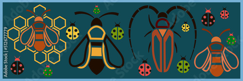 Flat icons of stylized insects on a dark background, Flat style, objects, bee, hornet, ladybug, barbel beetle, Vector illustration