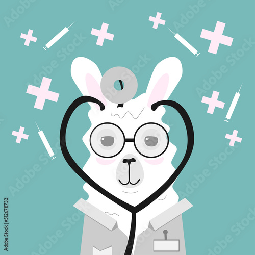 Lama or alpaca doctor in a dressing gown with badge, stethoscope and glasses. Medicine red cross symbols and syringe on background. Vector illustration